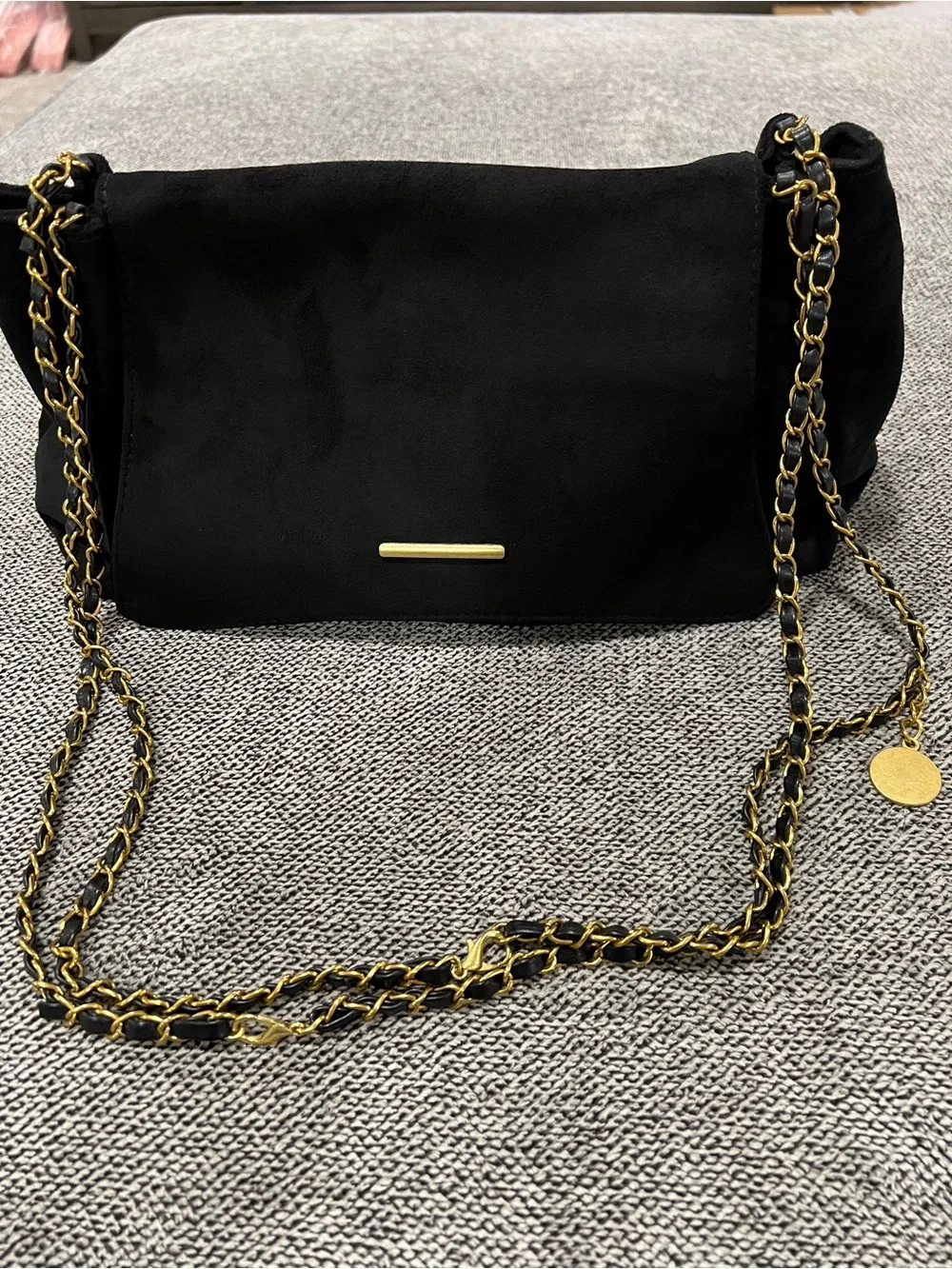 Black Suede Chain-Detail Shoulder Bag